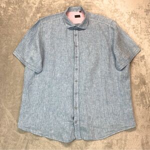 Rochester Shirt Mens 2XL 100% Linen Casual Button Up Blue Short Sleeve